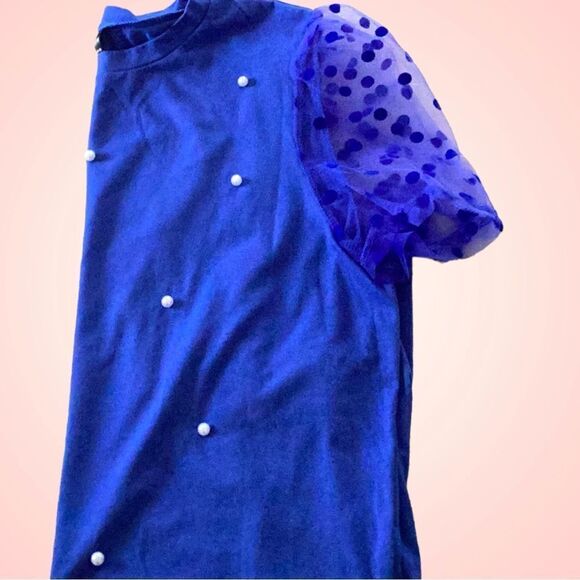 SHEIN NEW POLKA DOT MESH PUFF SLEEVE BLOUSE TOP ROYAL BLUE SIZE 8/10 MEDIUM - Picture 7 of 8